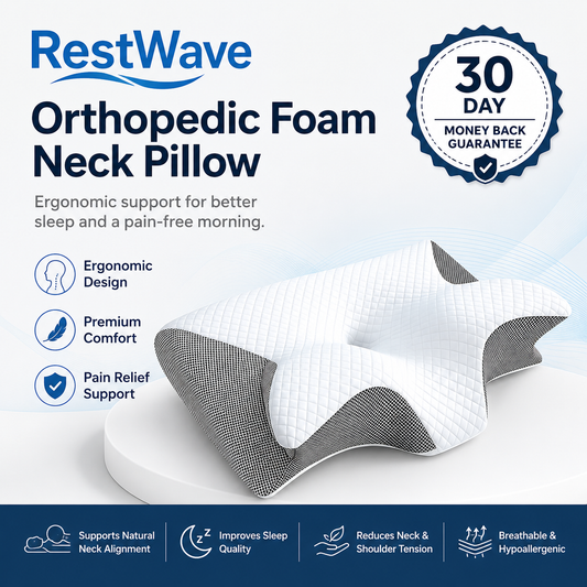 RestWave Orthopedic Memory Foam Neck Pillow with ergonomic design for better sleep and pain relief support.