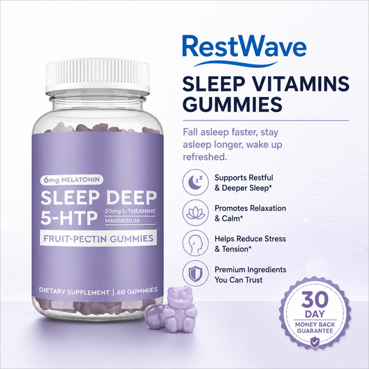 Vitamins Gummies for sleep, RestWave Sleep Vitamins Gummies bottle, 60 fruit-pectin gummies for better rest.
